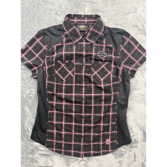 Harley-Davidson Tops - Harley Davidson Shirt women Performance Plaid Black Pink cancer support Small
